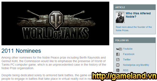 World of Tanks được đề cử giải Nobel Hòa bình 2011 2